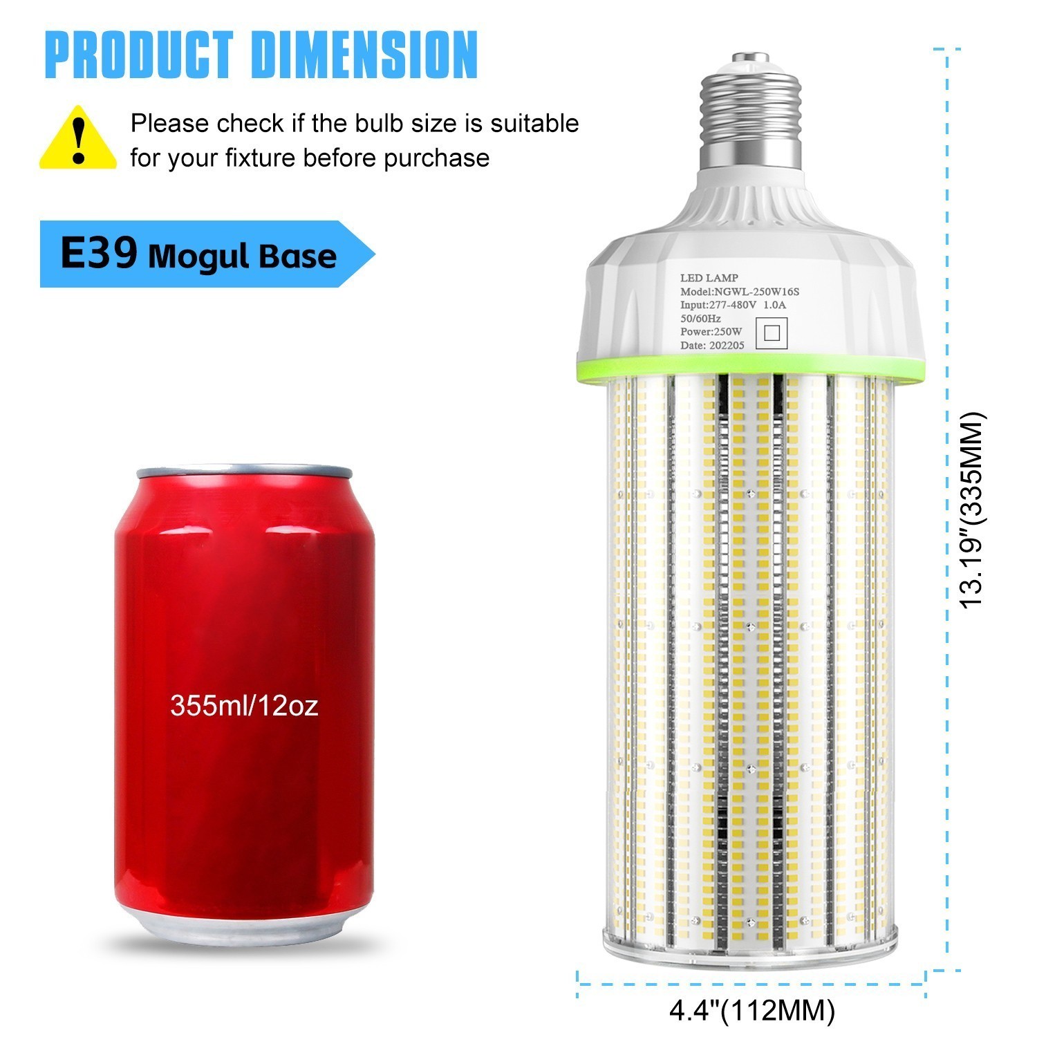 480 Volts 250W LED Corn Light Bulb E39 Base 5000K 36000Lumens Warehouse Lighting