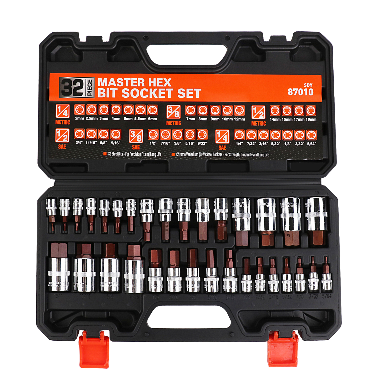 HORUSDY Hex Bit Socket Set 32PC SAE Metric 1/2″ 3/8″ 1/4″ Driver S2 Steel W/Case