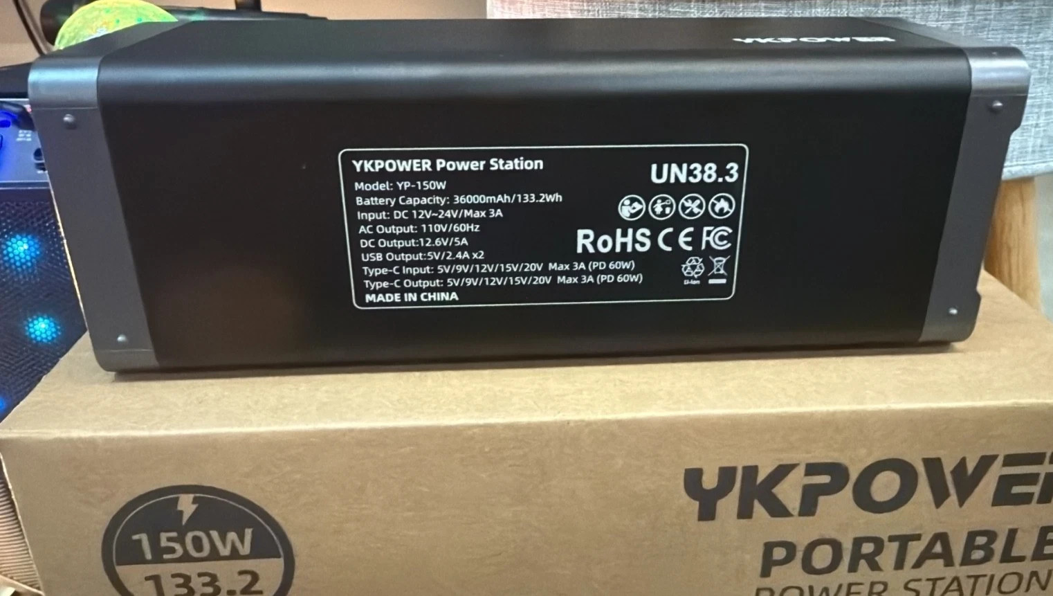 Portable PowerStation 150W, 133.2Wh/36000mAh Fast Charging with 5 Outputs AC Opt