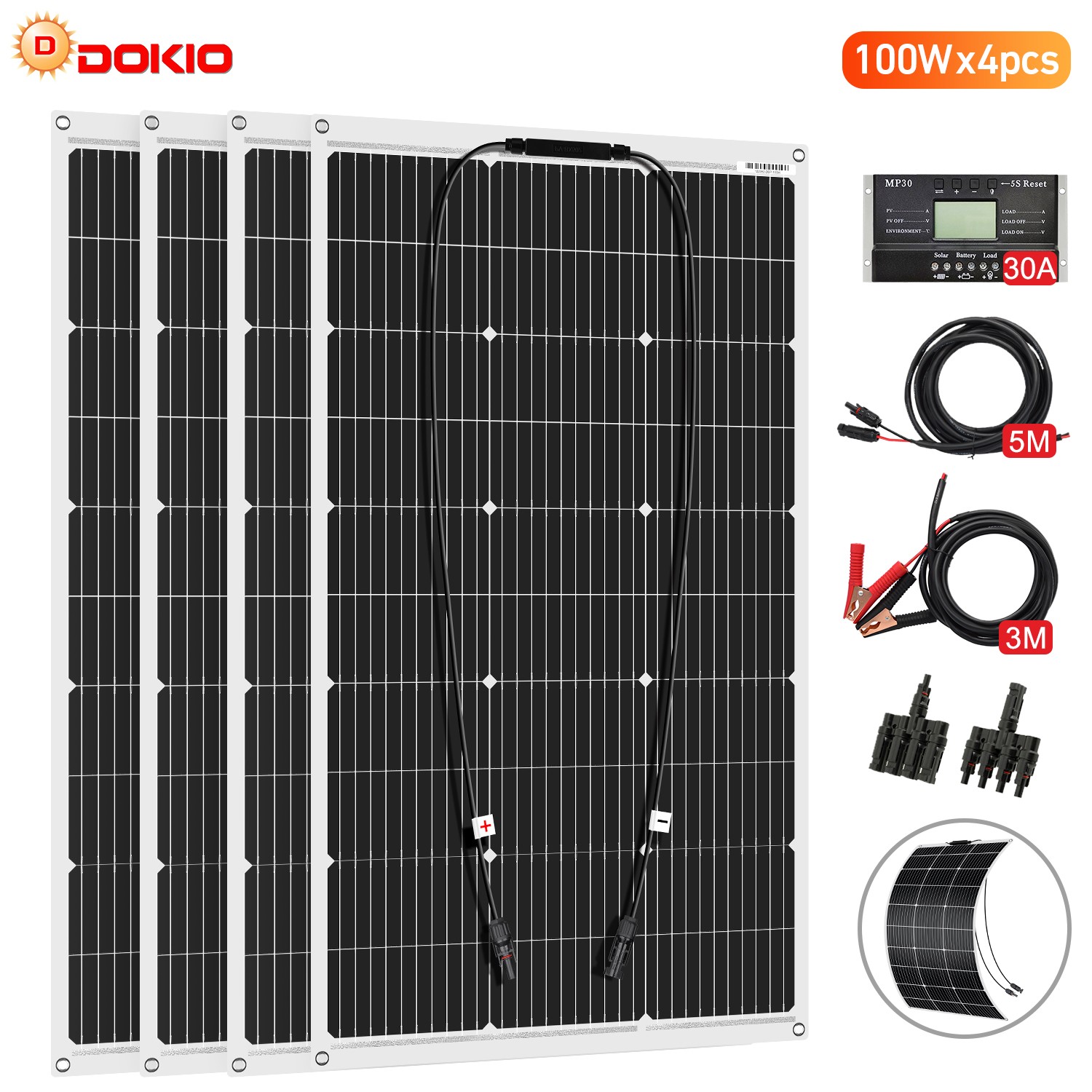 Dokio 100W 200W 400W Flexible Mono Solar Panel Kit to 12V Battery Off Grid Van