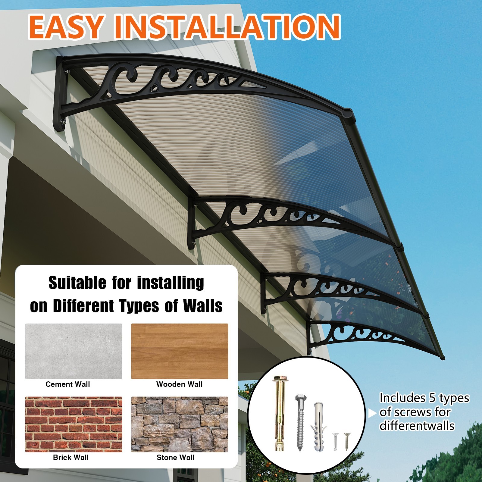 30-160″ Window Awning Front Door Eaves Canopy Polycarbonate Roof Sun Shade Cover