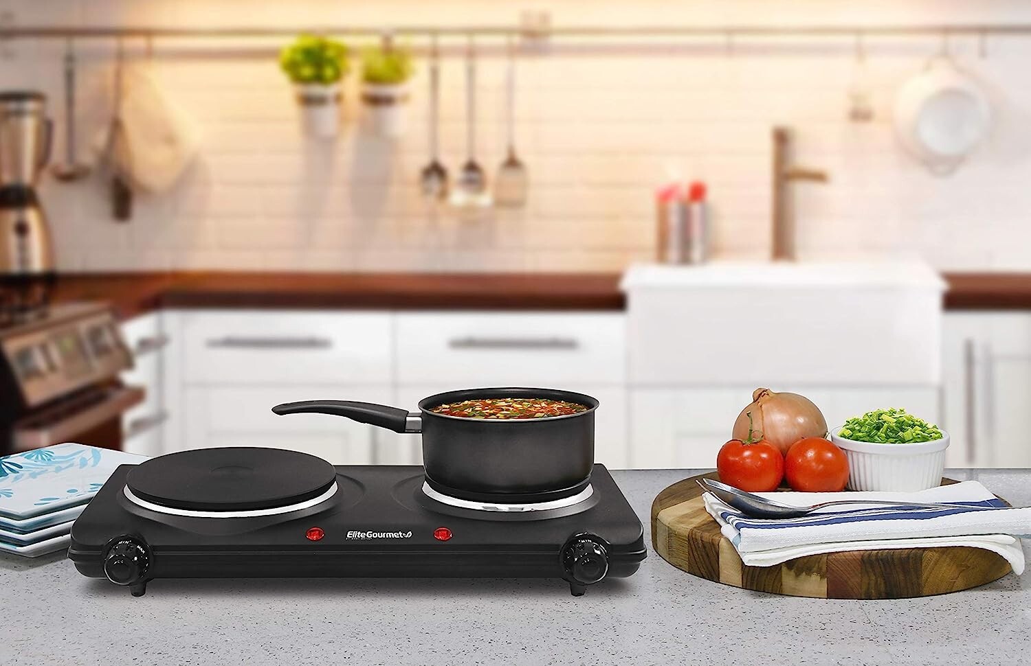 Portable Small Electric Stove Top 2 Burners Double Plate Cast Iron Countertop