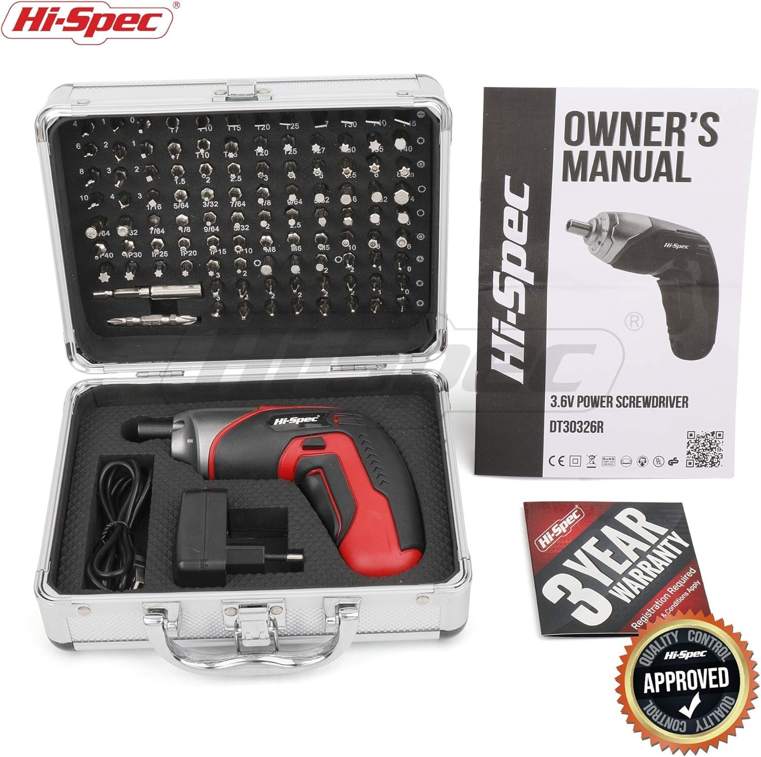 Hi-Spec Cordless 3.6V 1300mAh Li-ion Battery Power 4 LED Screwdriver & 102 Piece