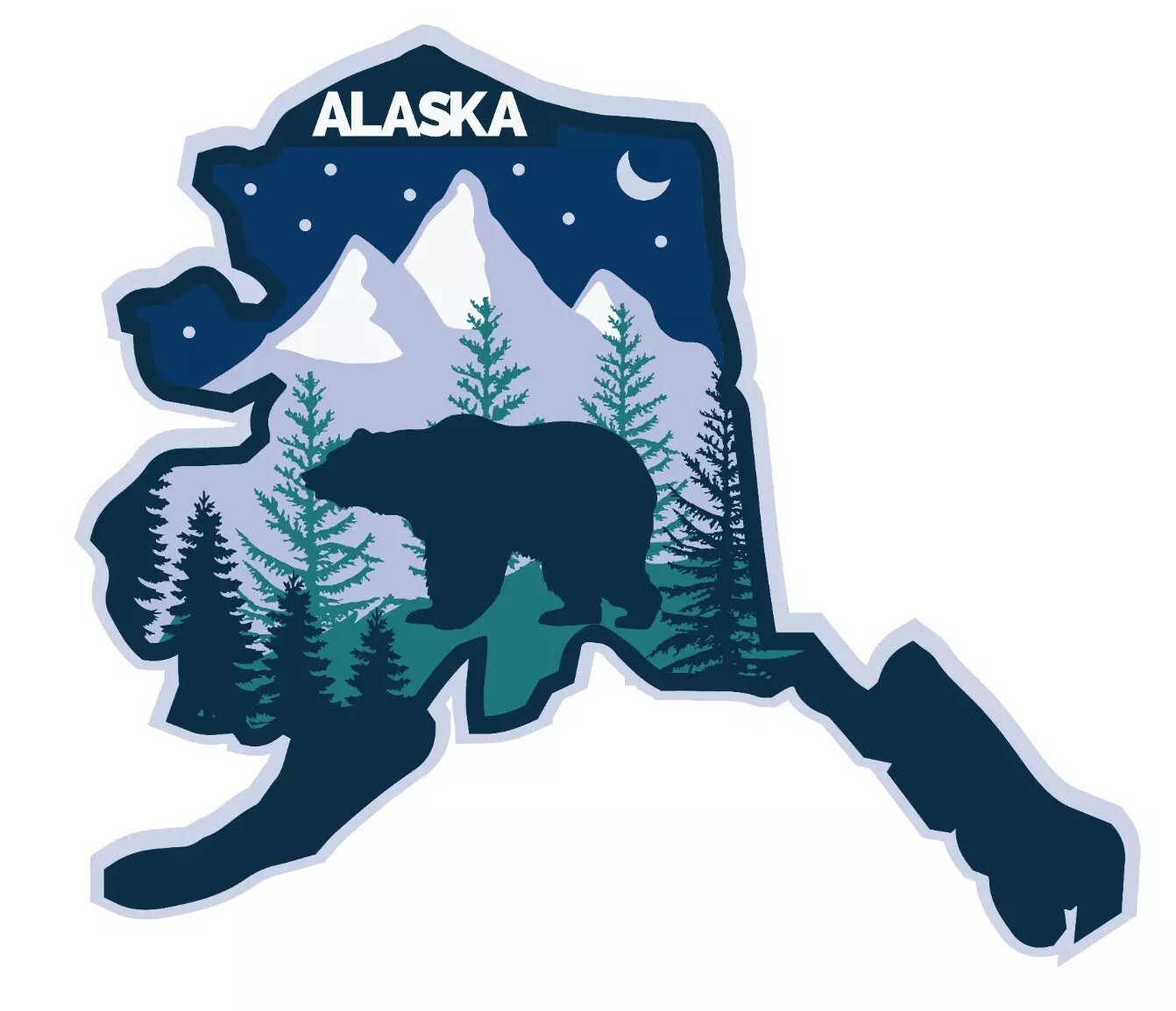 Alaska Vinyl Sticker 4×3.5in – Waterproof with Night Sky Bear and Mountains