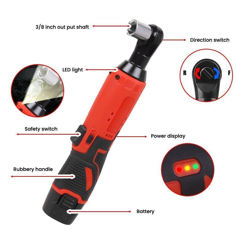 3/8” Electric Cordless Ratchet Right Angle Wrench Impact Power Tool 2 Battery