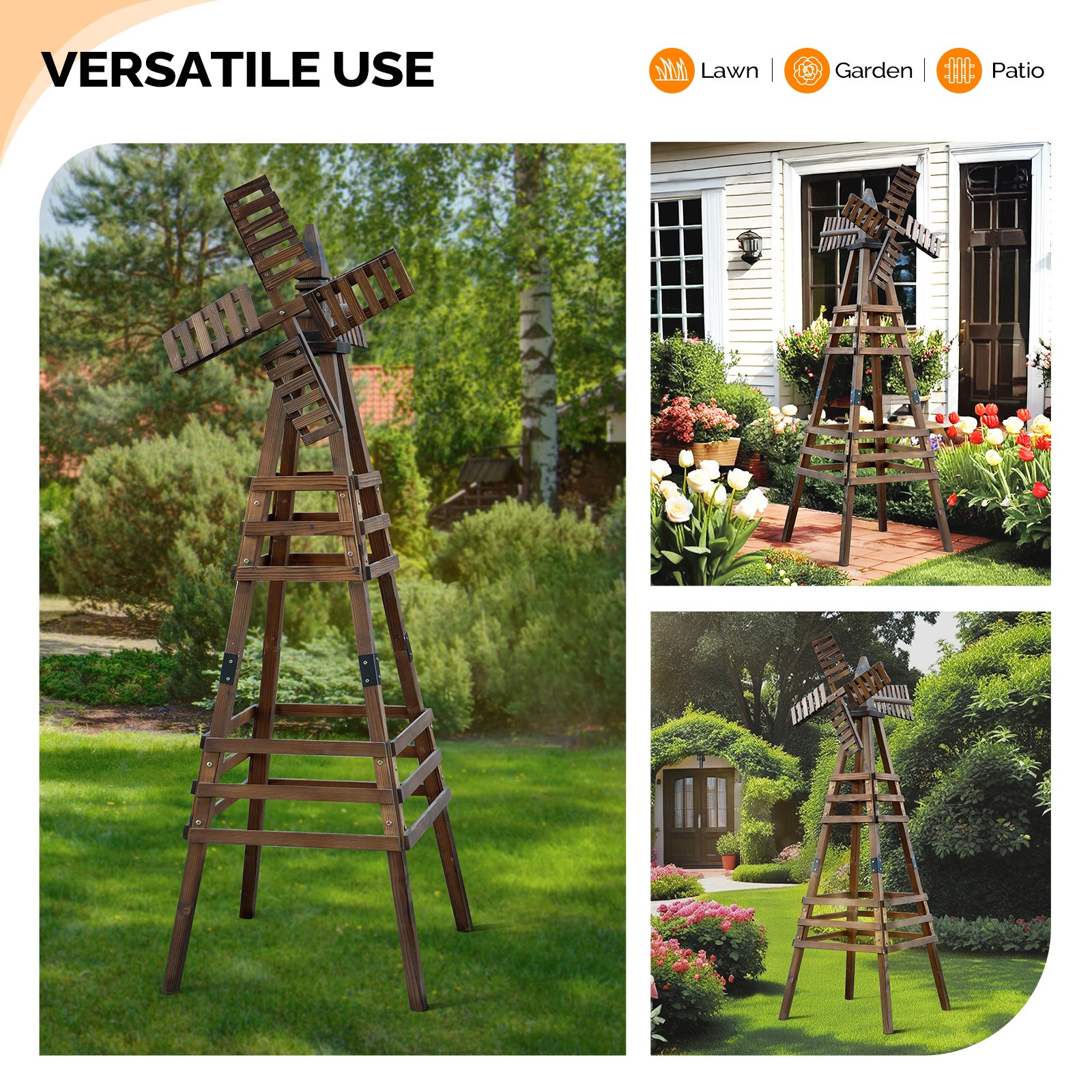 6FT Wood Windmill Backyard Garden Decoration Weathervane Freestanding, Brown