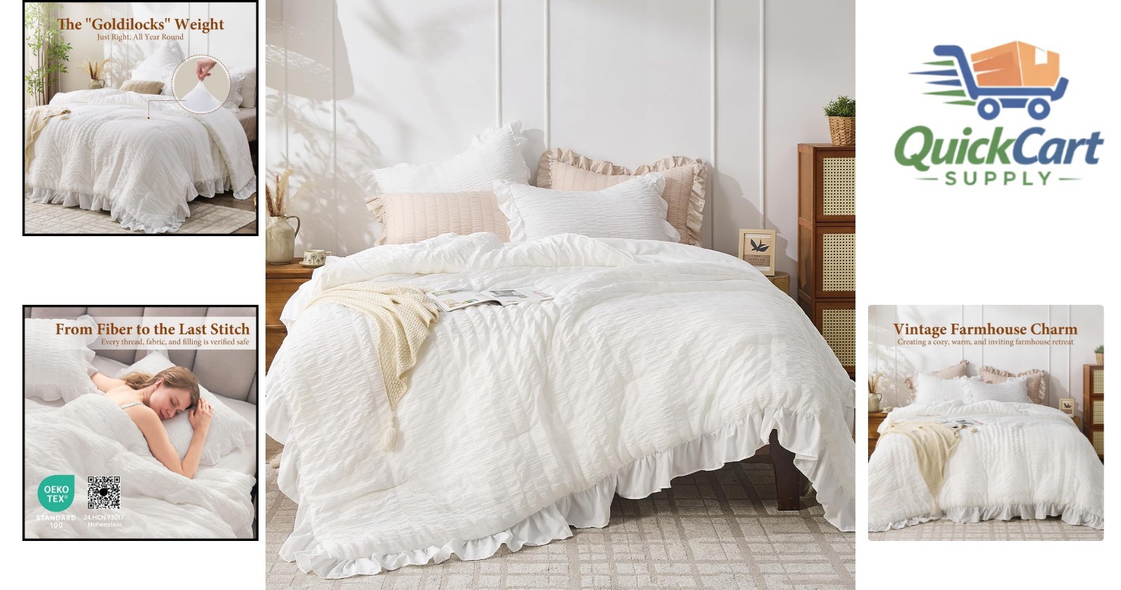Vintage Style King Comforter Set in White – Soft Ruffle Design for All Seasons
