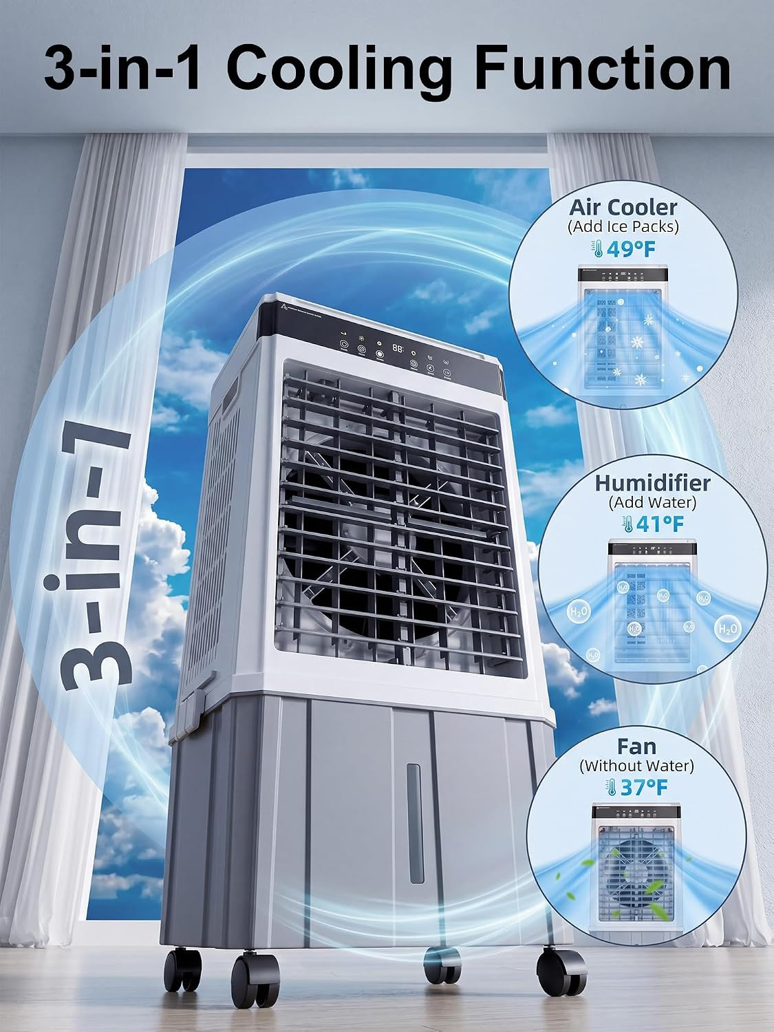 2026 Upgraded 3000 CFM Swamp Cooler, Evaporative Air Cooler with 6 Gal Detachabl