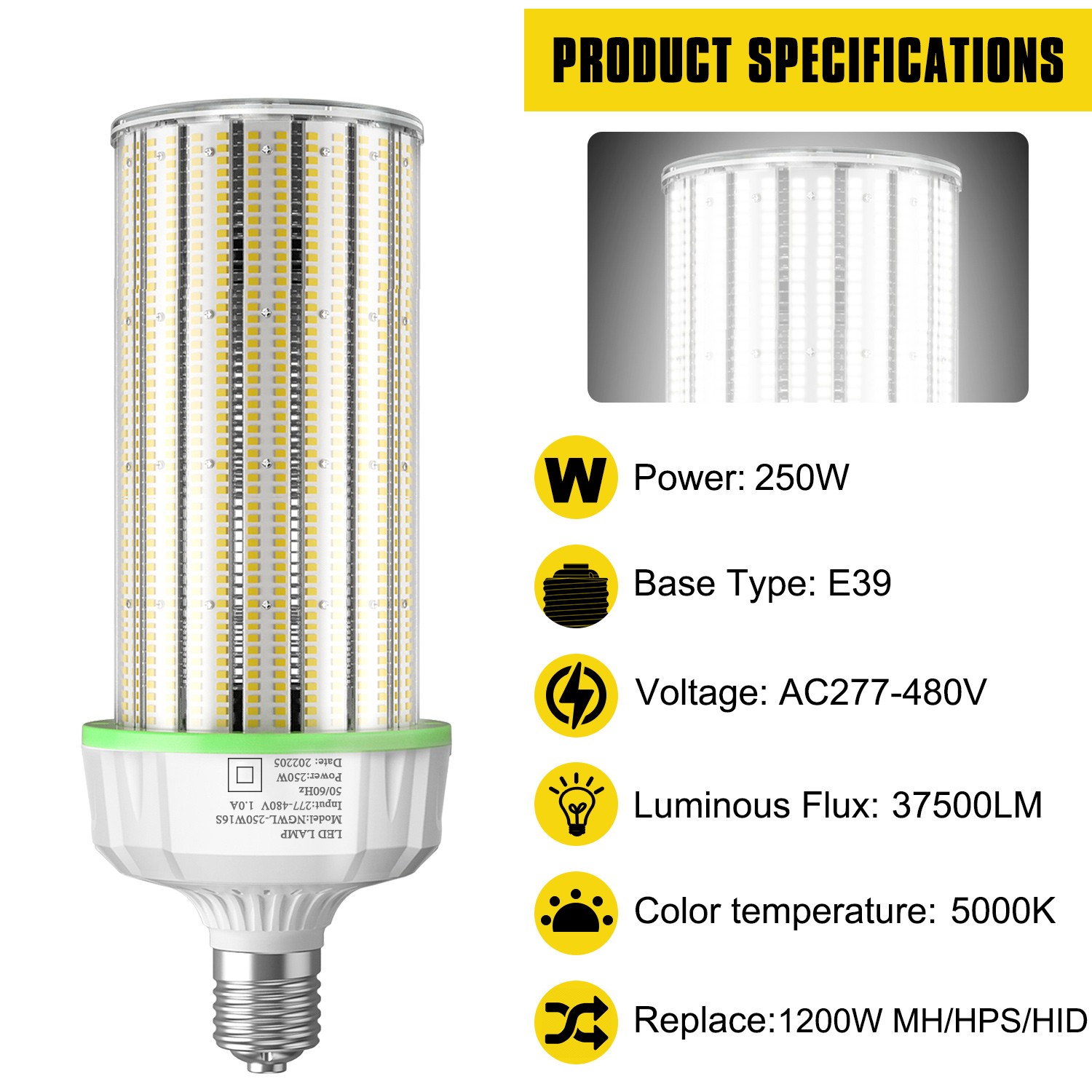 480 Volts 250W LED Corn Light Bulb E39 Base 5000K 36000Lumens Warehouse Lighting