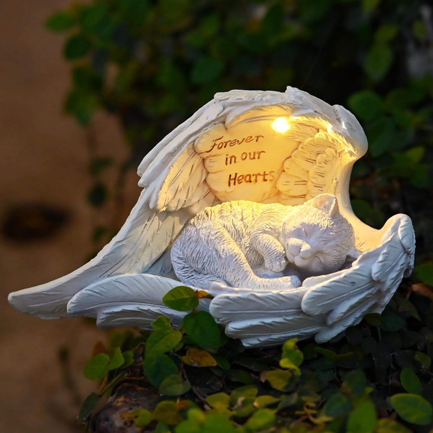 Pet Cat Solar Garden Memorial Statue – Outdoor Resin Angel Kitty with Solar Li
