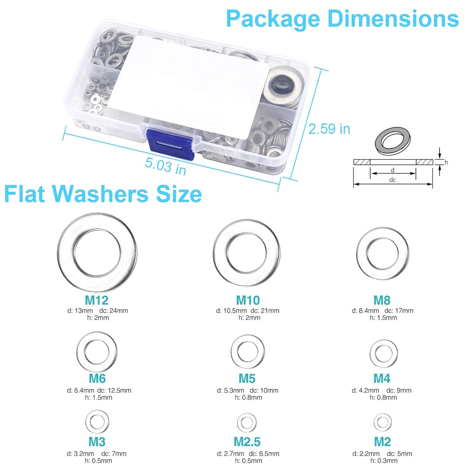 800 Pcs 304 Stainless Steel Flat Washers 800 PCS 304 Steel, Silver