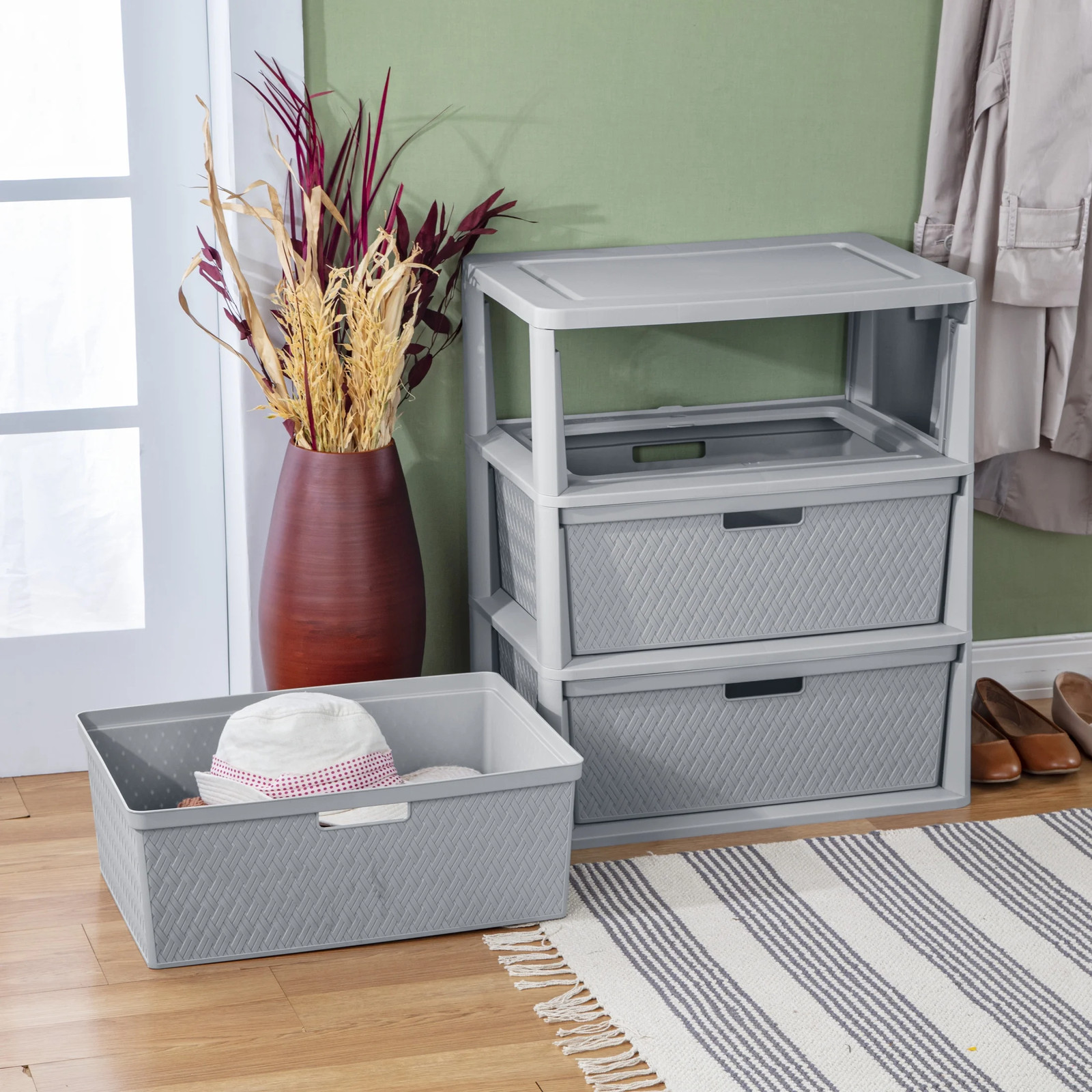 Wide 3 Drawer Tower, Plastic Storage Organizer with Removable Decorative Bins, E