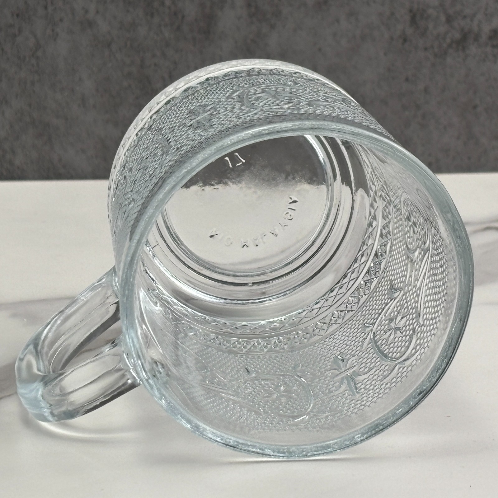 KIG Malaysia Coffee Mugs Tea Cups Clear Glass Trellis Fleur De Lis Set of 6