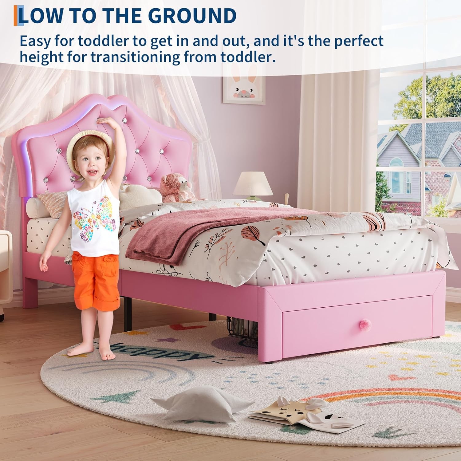 Twin Size Upholstered Bed Frame w/ Storage Drawer & LED Headboard for Kids/Girls
