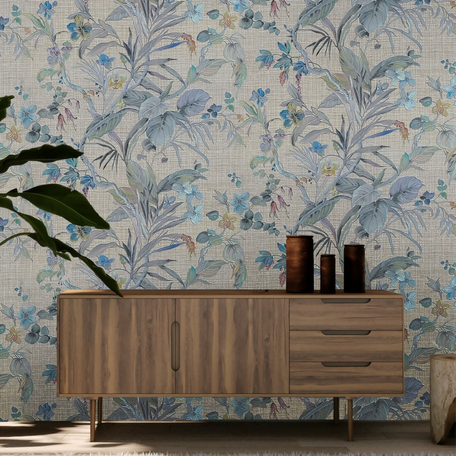 Floral plants Brown green blue metallic faux woven fabric textured wallpaper 3D