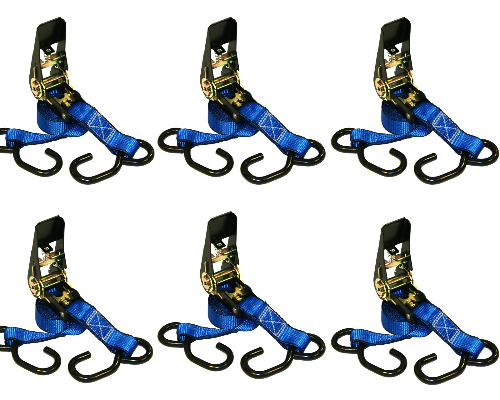 6pk 1in x 15ft Ratchet Tie Down Strap S-Hook 1500lbs Break Strength 500lbs WLL