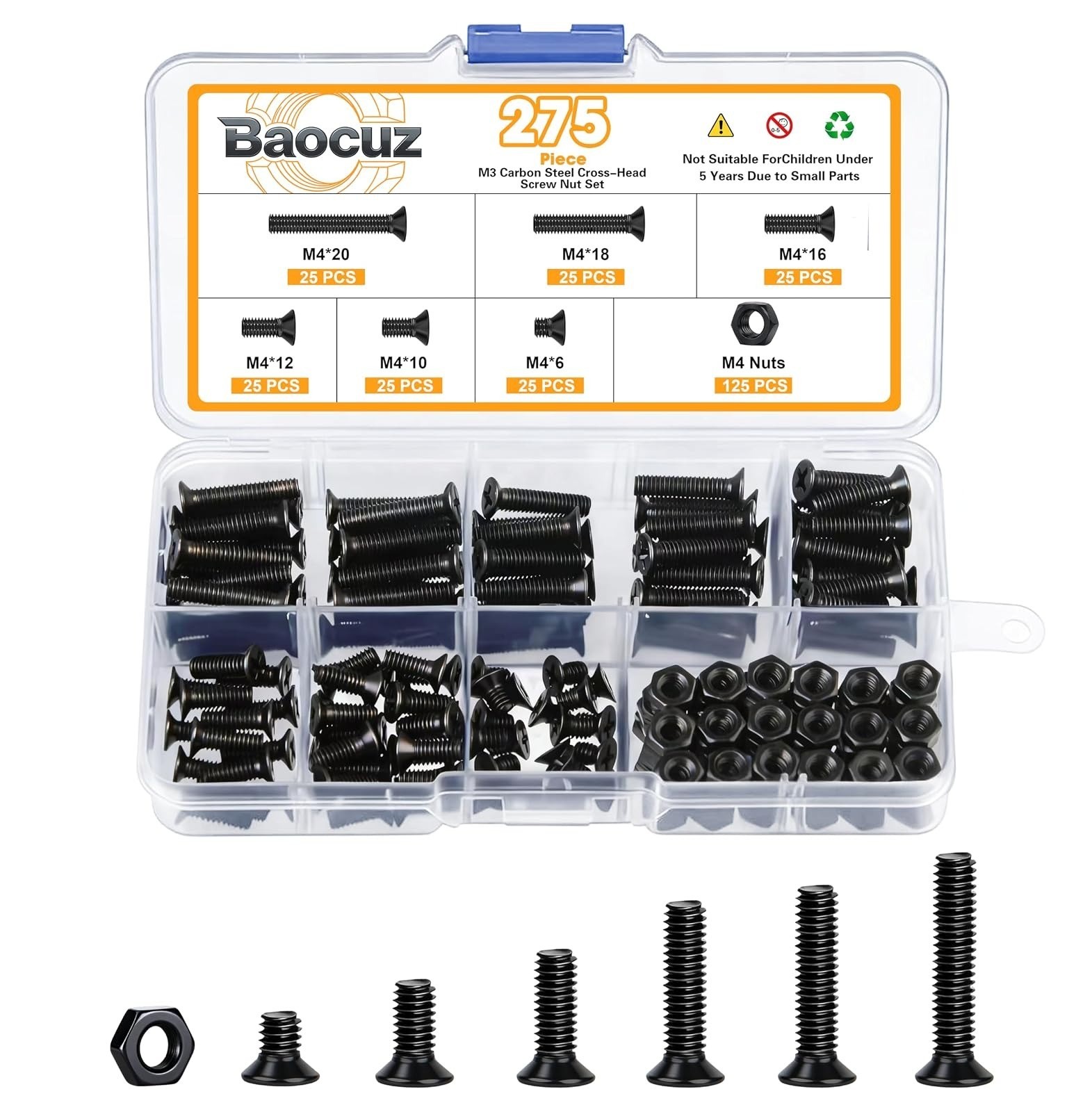 380 Pcs M3 Black Flat Head Machine Screws & Hex Nuts Kit Carbon Steel