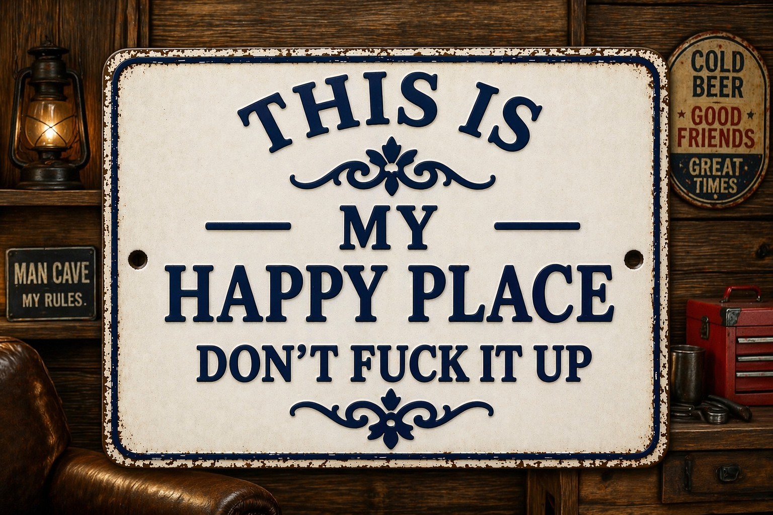 This Is My Happy Place Don’t F It Up Man Cave Metal Sign Rustic 8×12 Man Cave