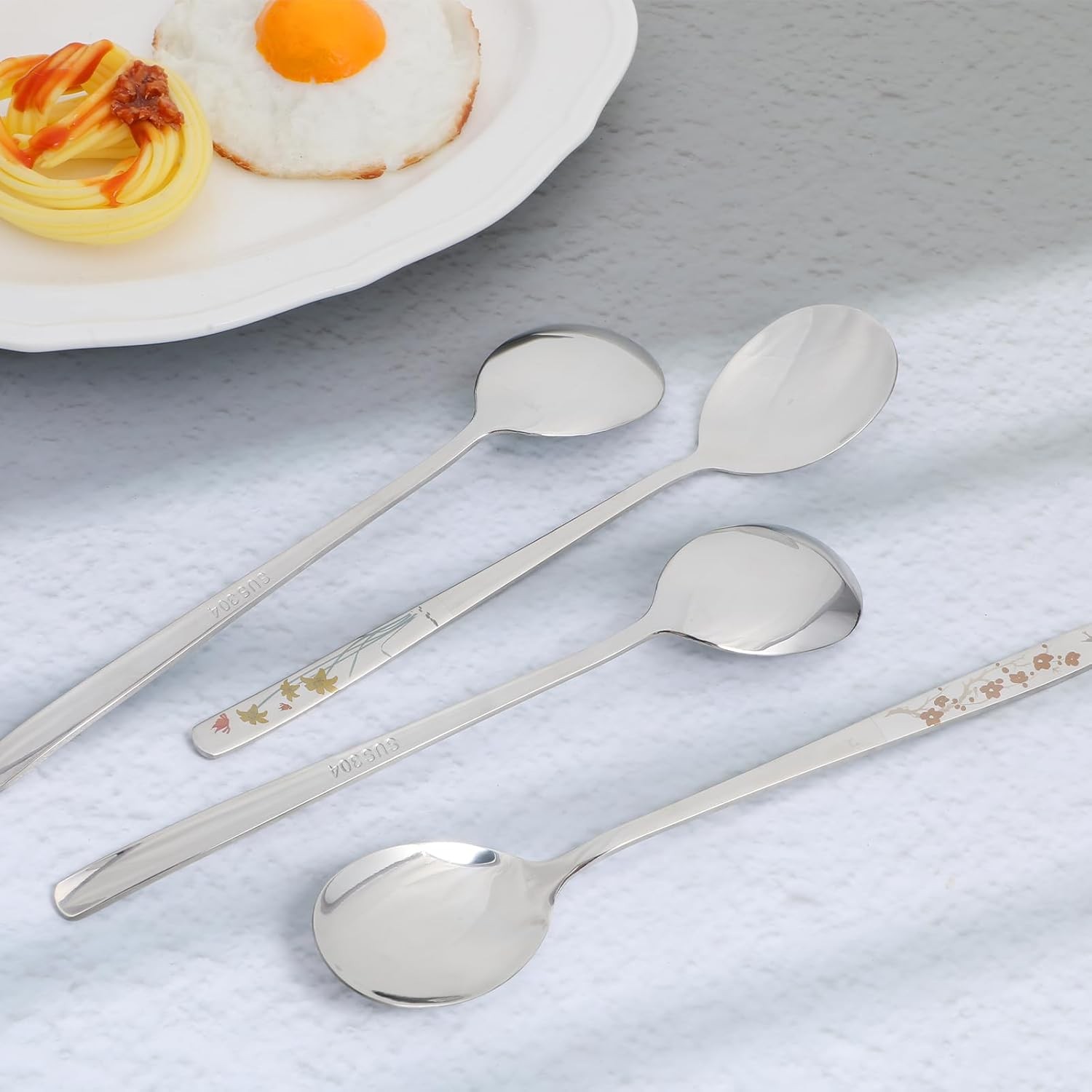 4pc Korean Soup Spoon Set 8″ Stainless Steel Long Handle Floral Engraved Spoons