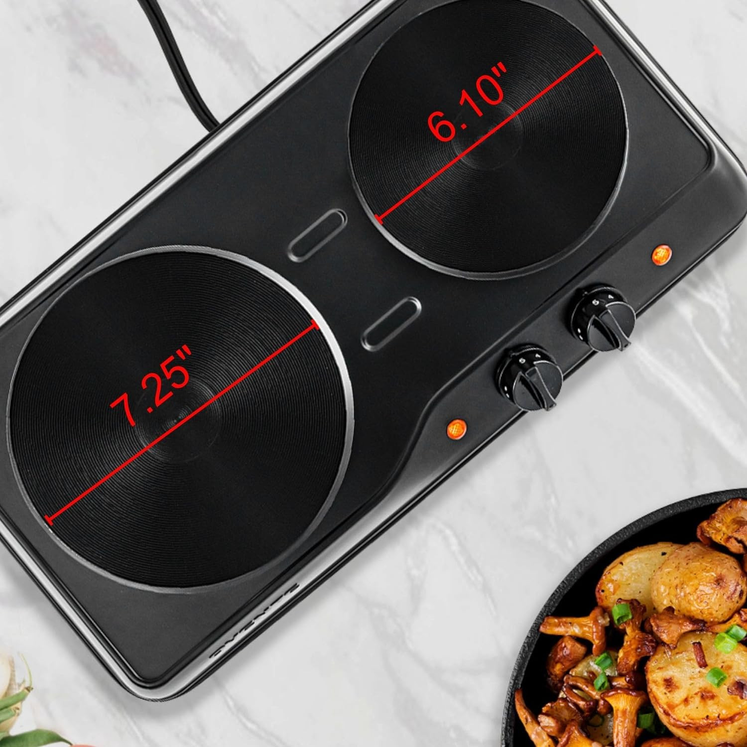 Electric Countertop Double Burner, 1700W Cooktop with 7.25″ and 6.10″ Cast Iron