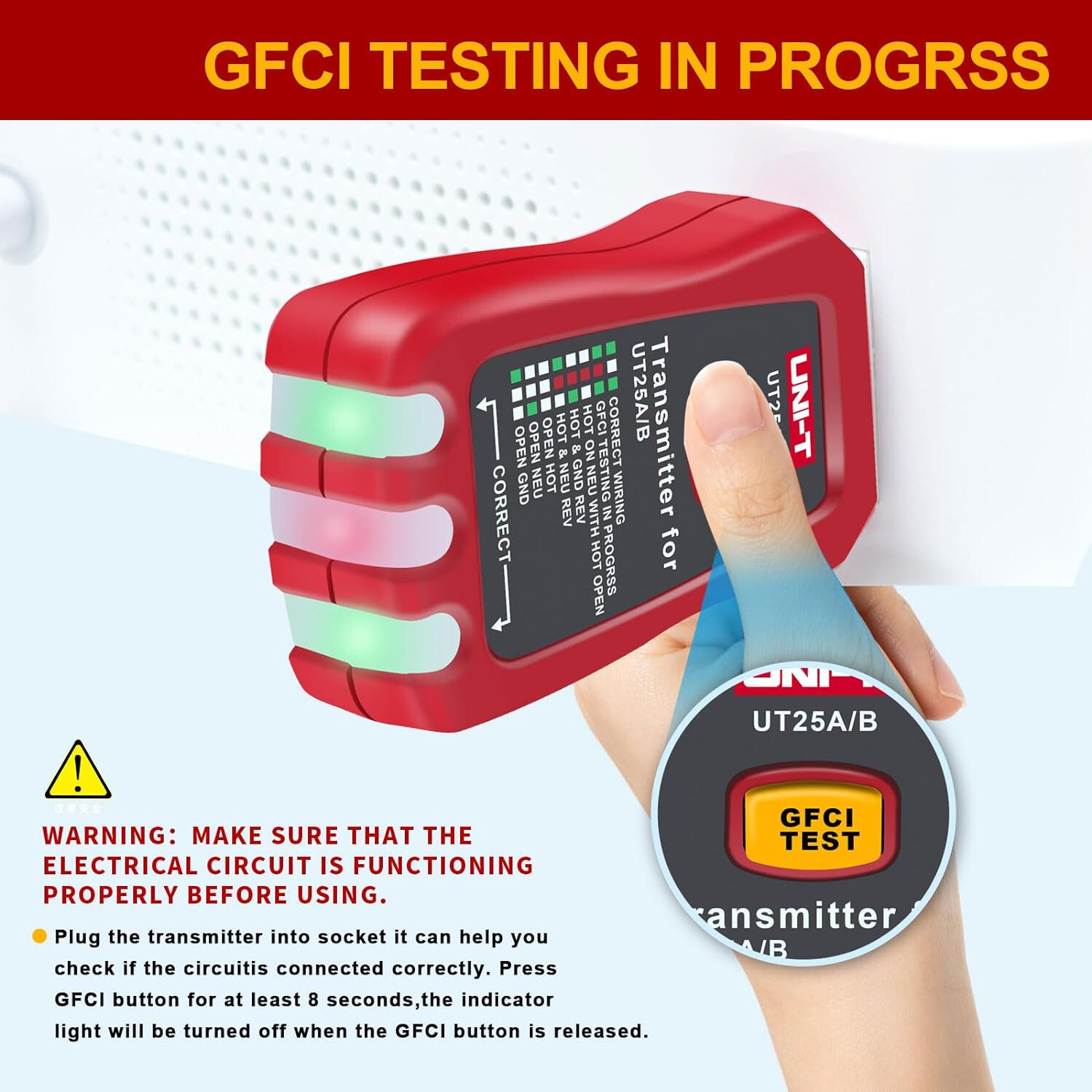 UT25A Digital Circuit Breaker Finder Tool with GFCI Outlet Socket Tester 90-120V