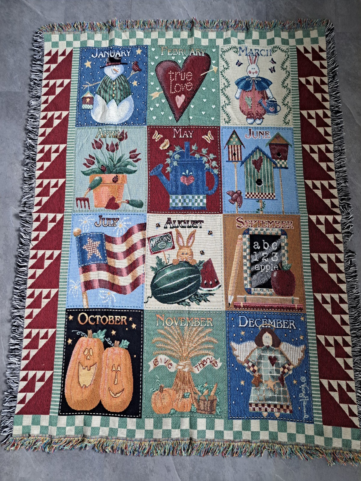VINTAGE Vicky Howard “12 Months Of The Year” THROW BLANKET Tapestry 52” X 71”