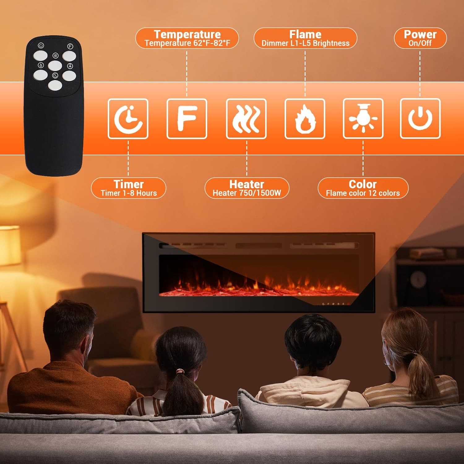 60″ Ultra-Thin Recessed / Wall Mount Electric Fireplace, 1500W Heater, 12-Color