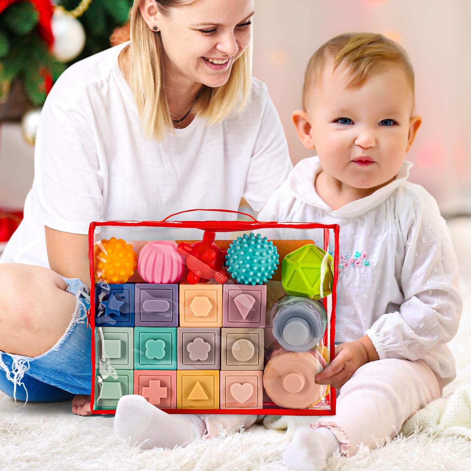 SpringFlower 3 in 1 Montessori Toys for Babies 0-3-6-12 Months, Soft Baby Teethi