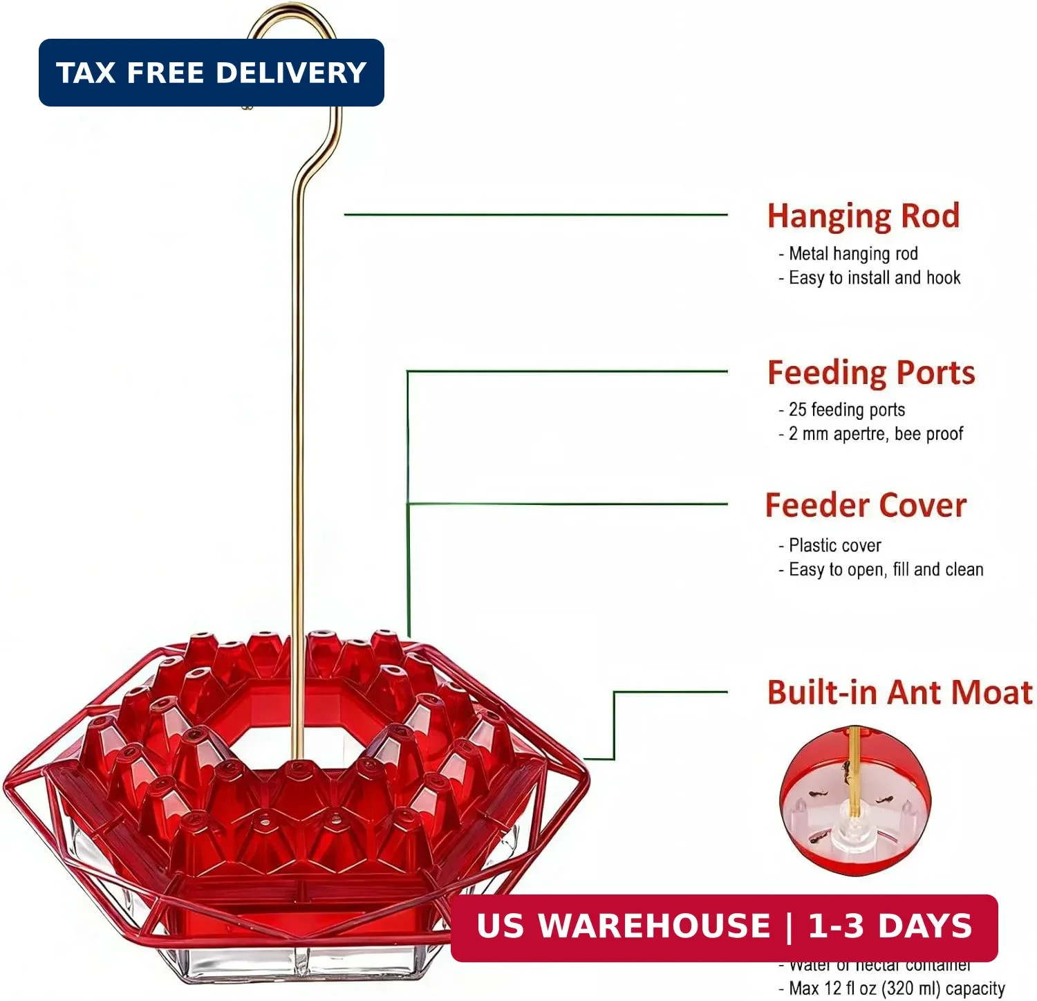Hummingbird Feeder with Ant-Proof Moat Hummingbird Feeder, Easy to Clean and Ref