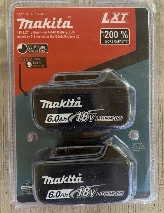 2 x Makita BL1860B-2 18V LXT Lithium-Ion 6.0 Ah Battery – NEW – USA SHIP