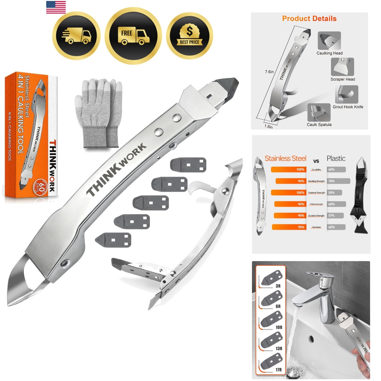 Caulking Tool Kit, 4 in 1 Caulk Remover Tool, Stainless Steel Caulk Tool for …