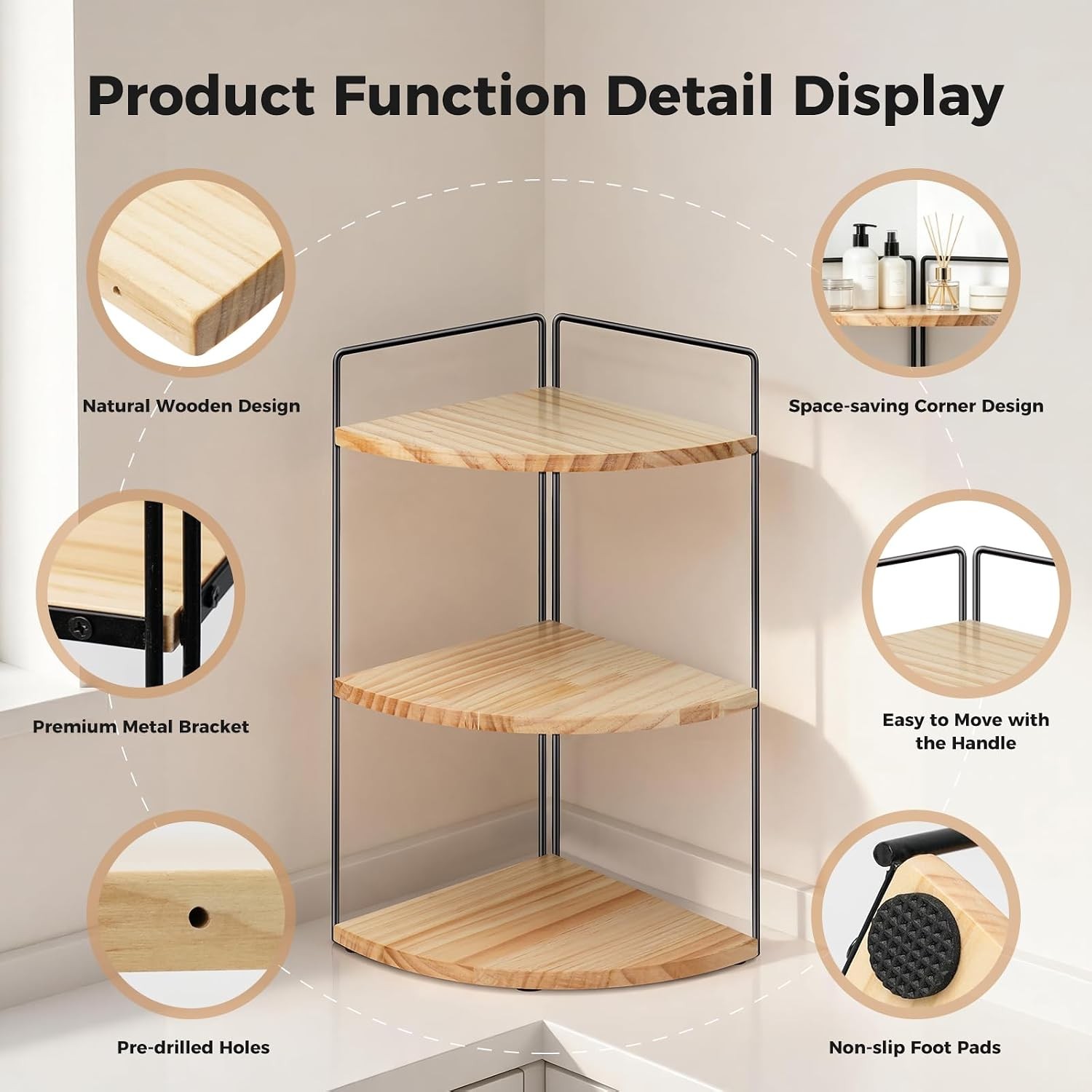 3 Tier Corner Bathroom Counter Organizer – Solid Wood + Metal Stand, Bathroom