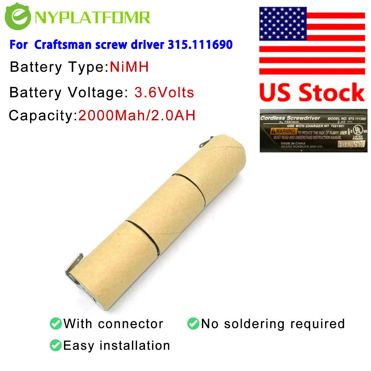 Battery Pack for craftsman 315.111690 cordless screw driver 2000mAh 3.6V