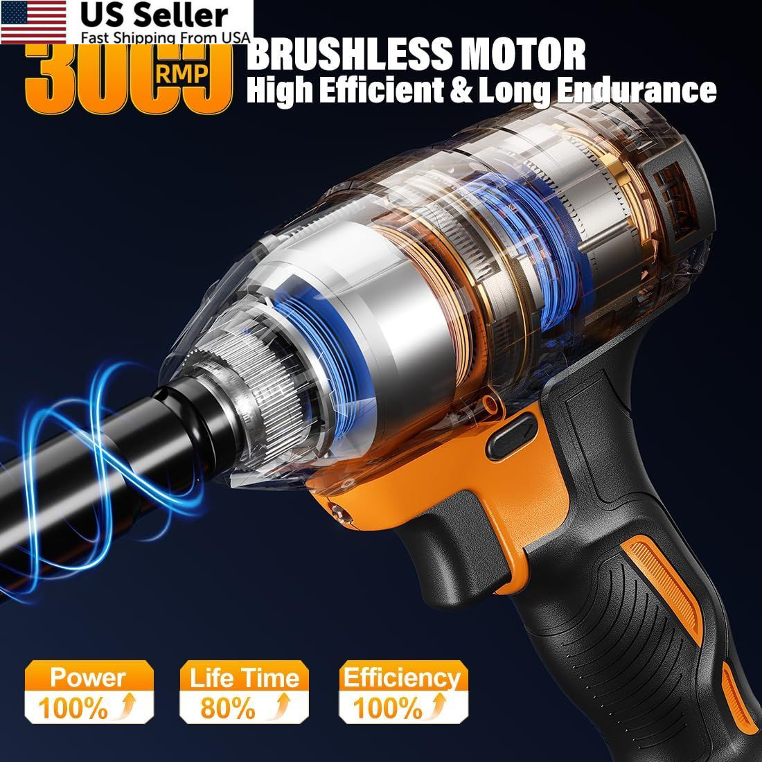 Adedad Brushless Impact Wrench 3-in-1 500N.m(369Ft-lbs) Torque Yellow
