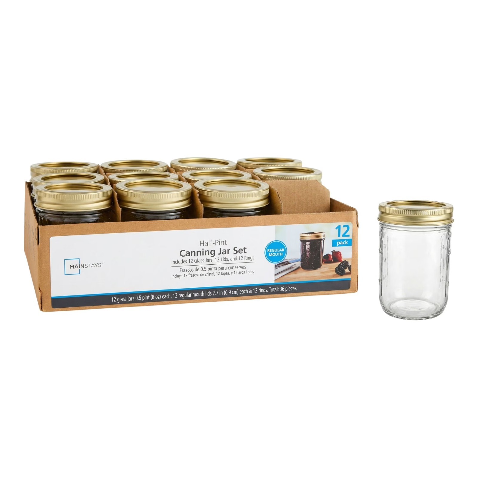 Mainstays 8 oz Mason Jars with Lids and Rings 12-Pack Small Glass Jars