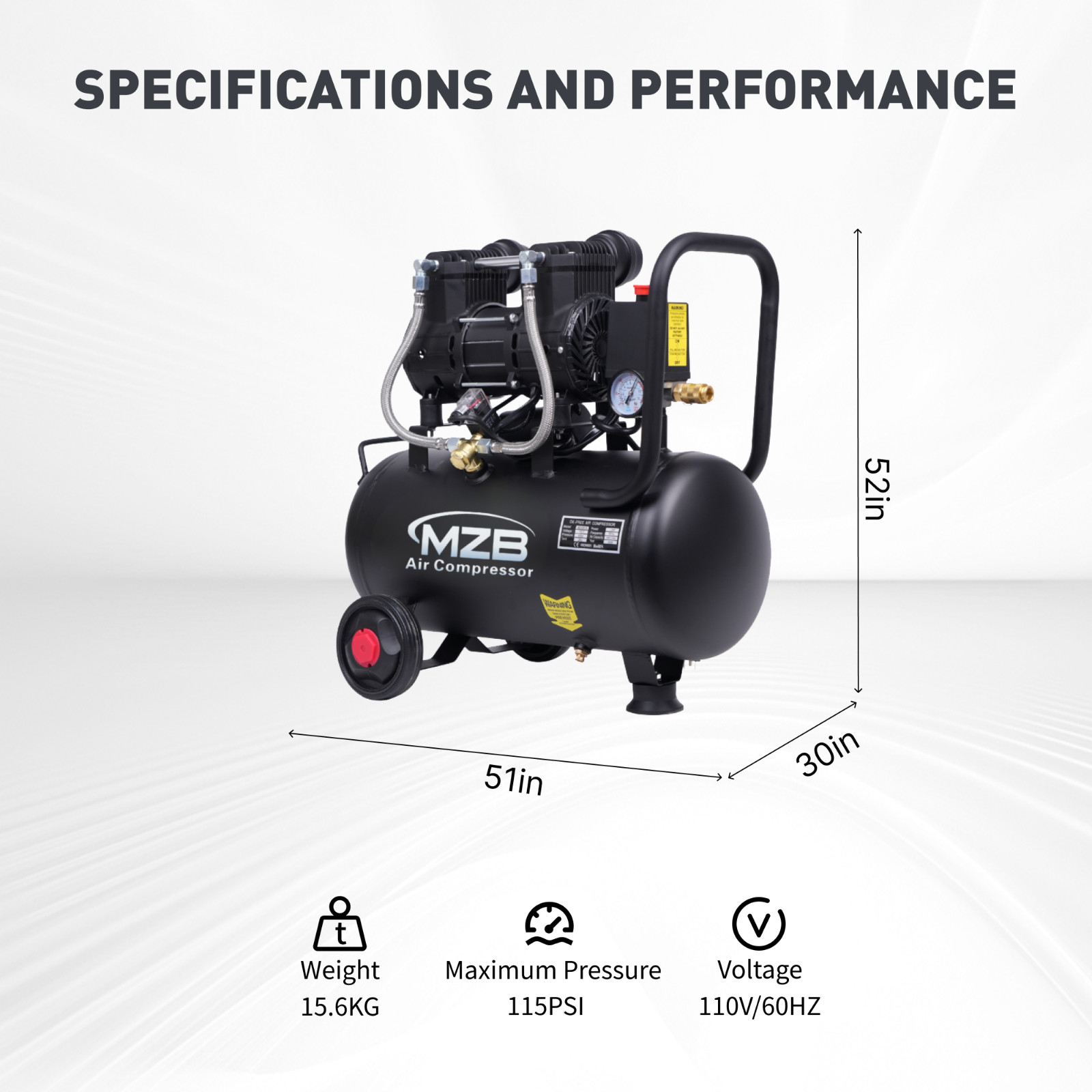 6.4 Gallon Ultra Quiet Air Compressor 110V/60Hz Steel Tanks Oil-Free 70dB