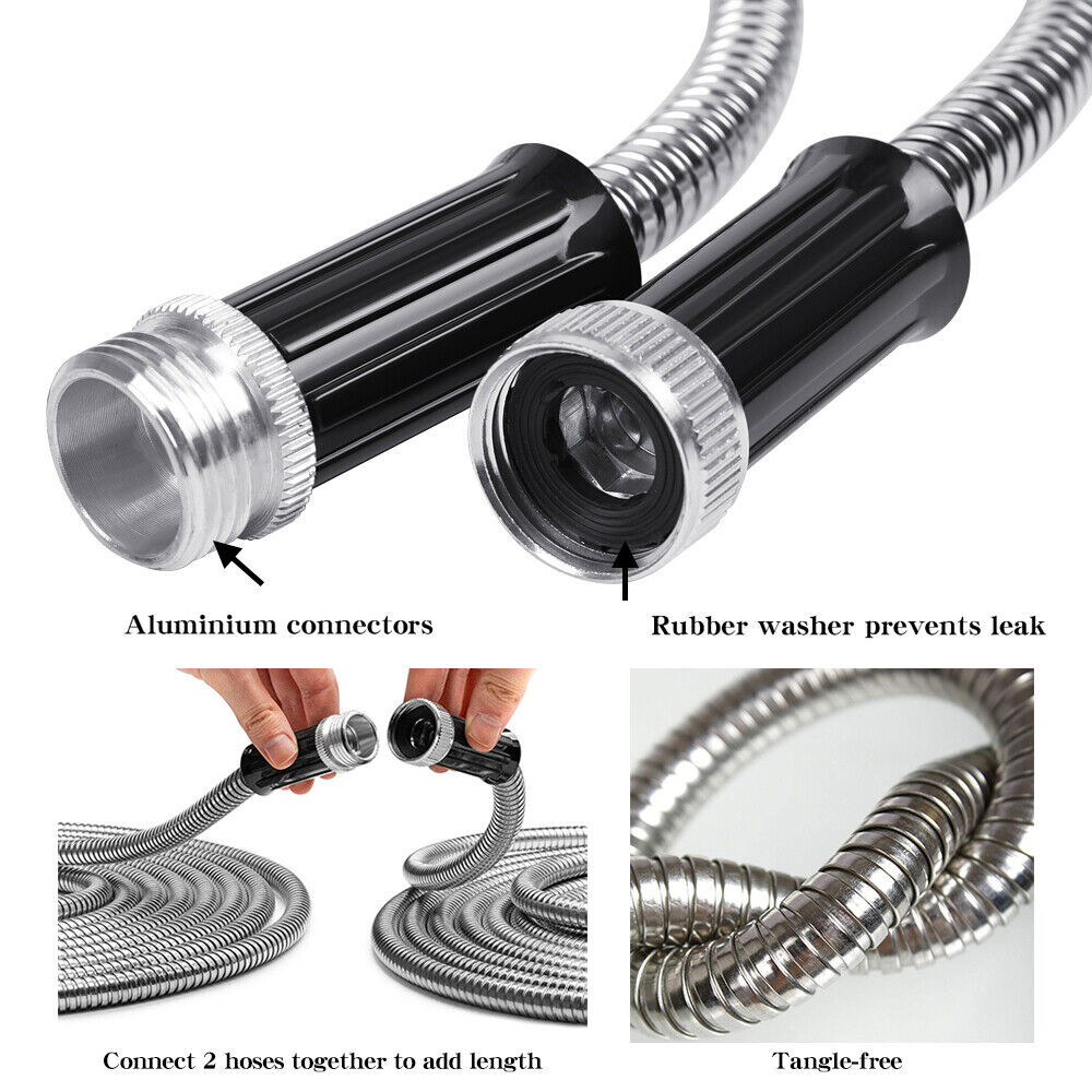 25 50 75 100FT Stainless Steel Metal Garden Water Hose Pipe Flexible Lightweight