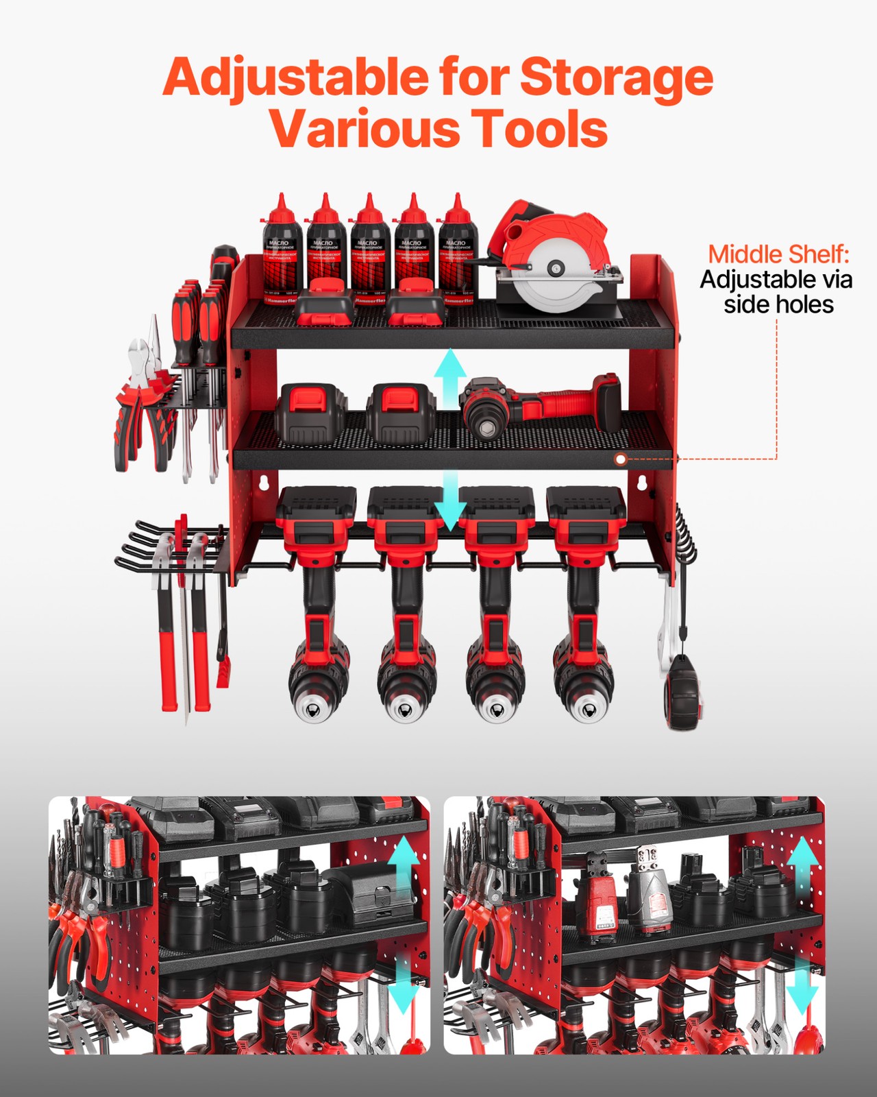 VEVOR Power Tool Organizer Wall Mount 3-Layer Drill Storage Rack 4 Drill Holders