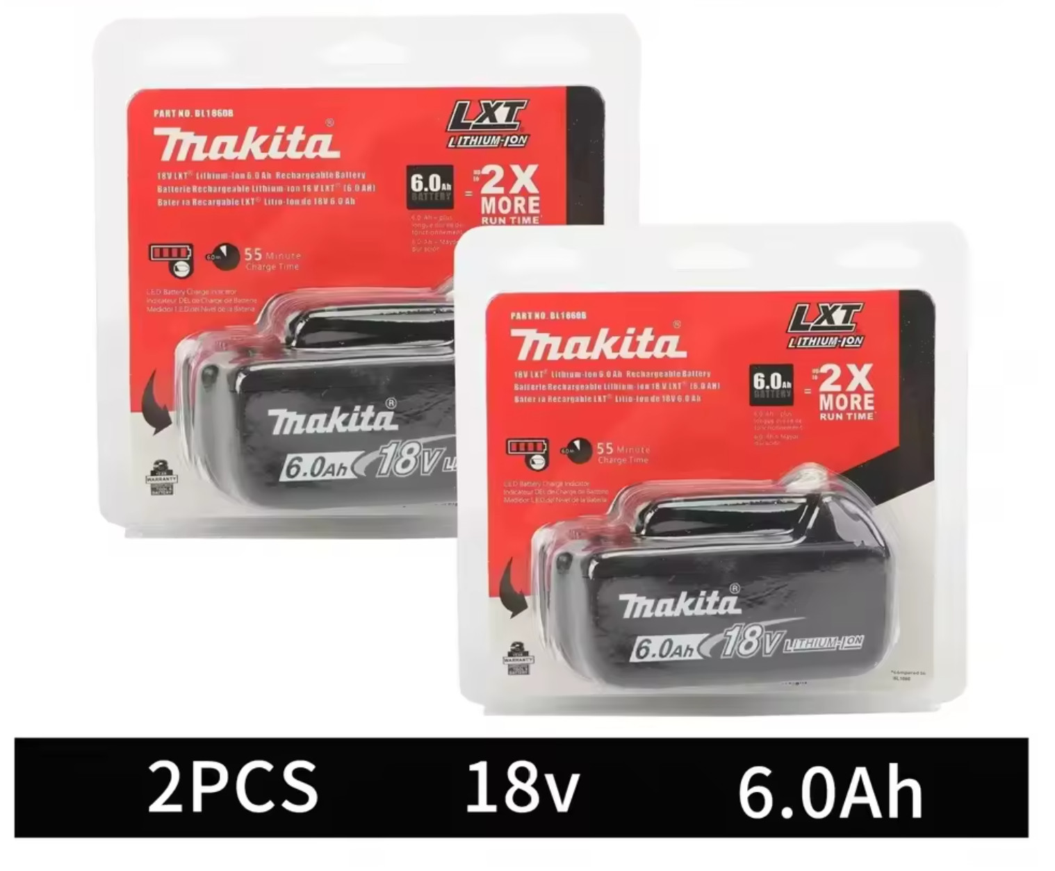 2 x Makita BL1860B-2 18V LXT Lithium-Ion 6.0 Ah Battery – New –