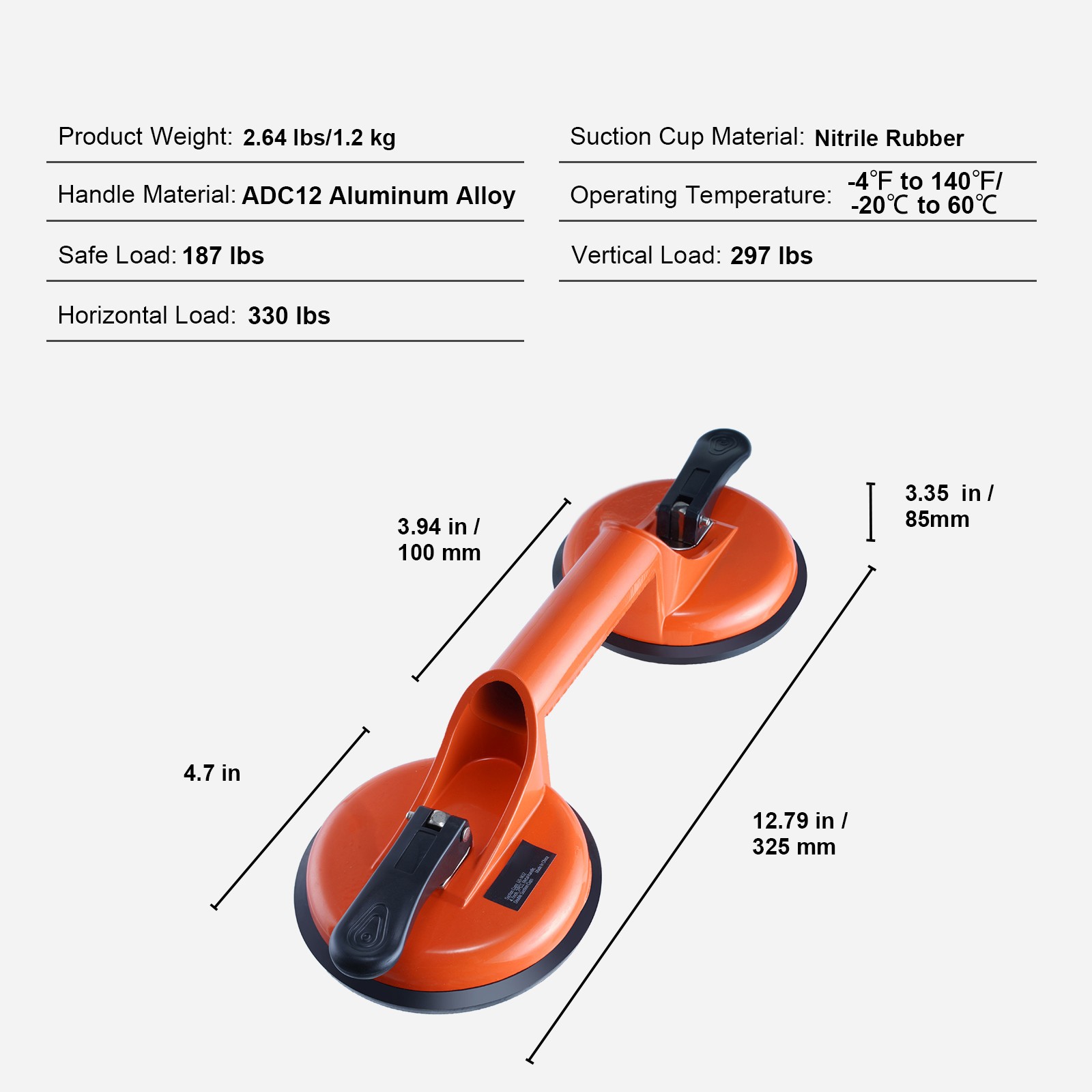 VEVOR Vacuum Suction Cup Double Glass Lifter 4.7″ 330 lbs 2 Pack Aluminum Handle