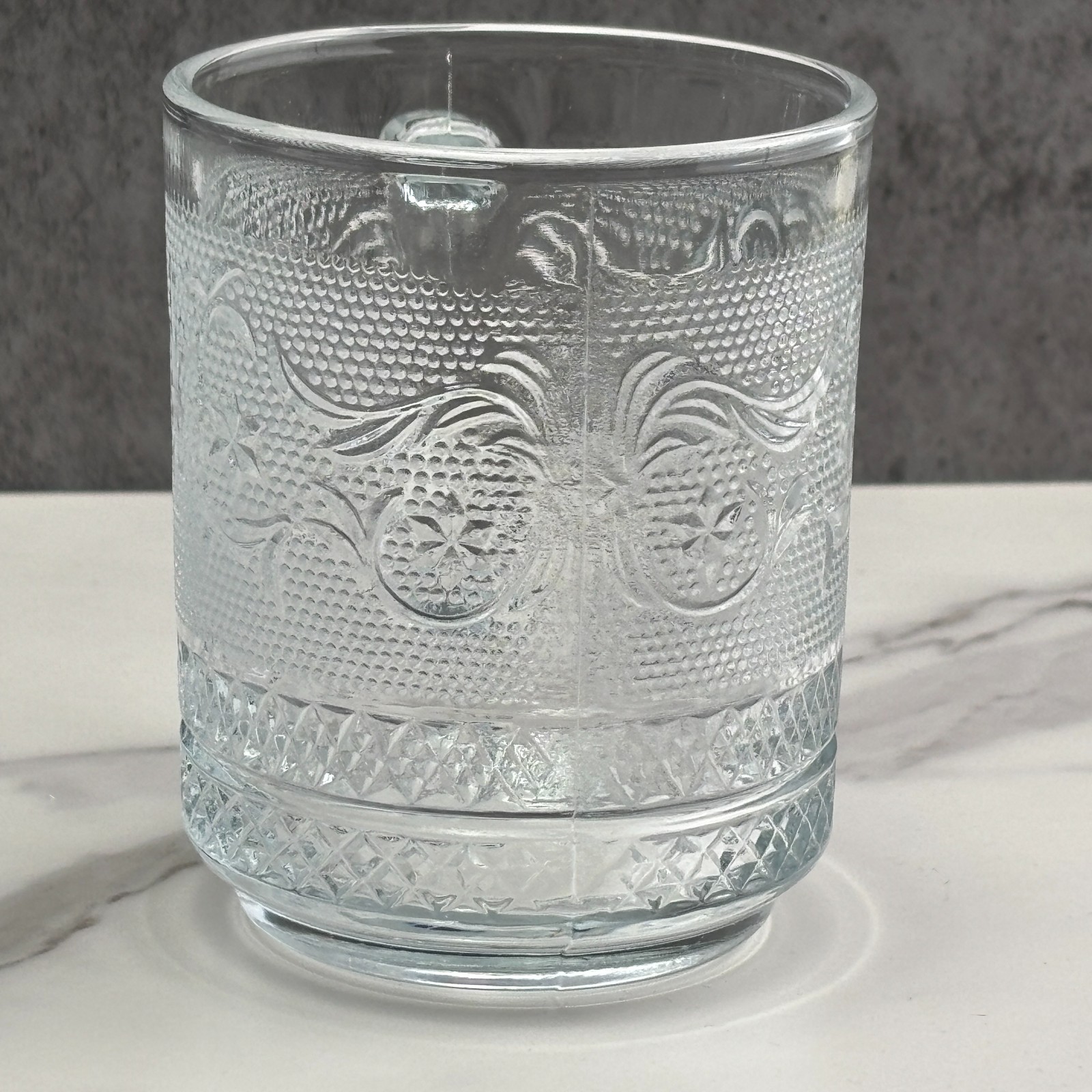 KIG Malaysia Coffee Mugs Tea Cups Clear Glass Trellis Fleur De Lis Set of 6