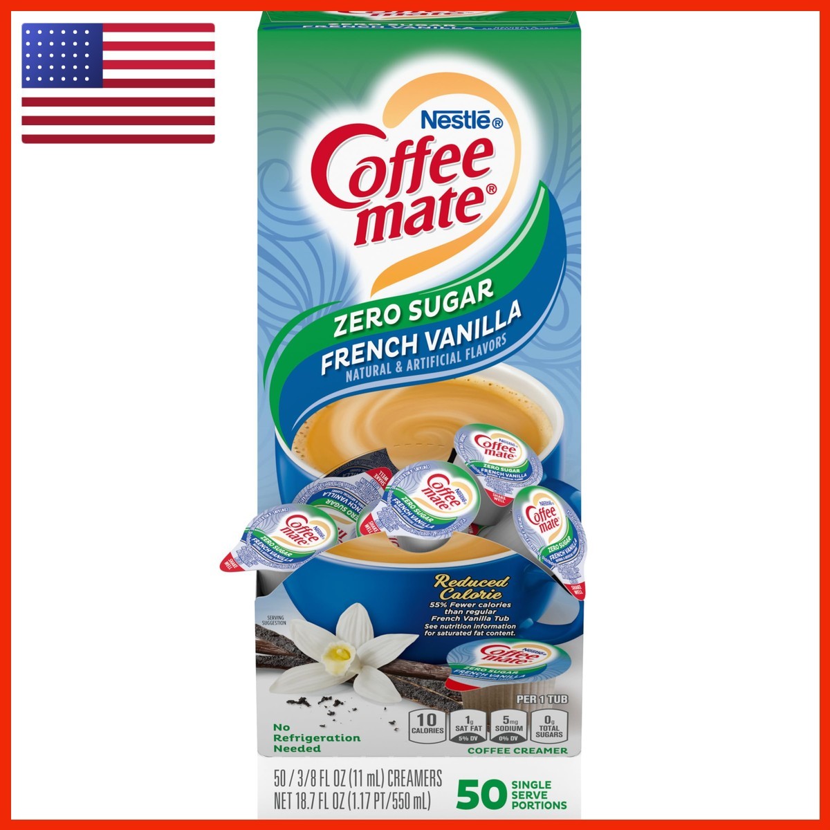 Coffee Mate Sugar Free French Vanilla Liquid Creamer Singles, Non Dairy, 50 ct