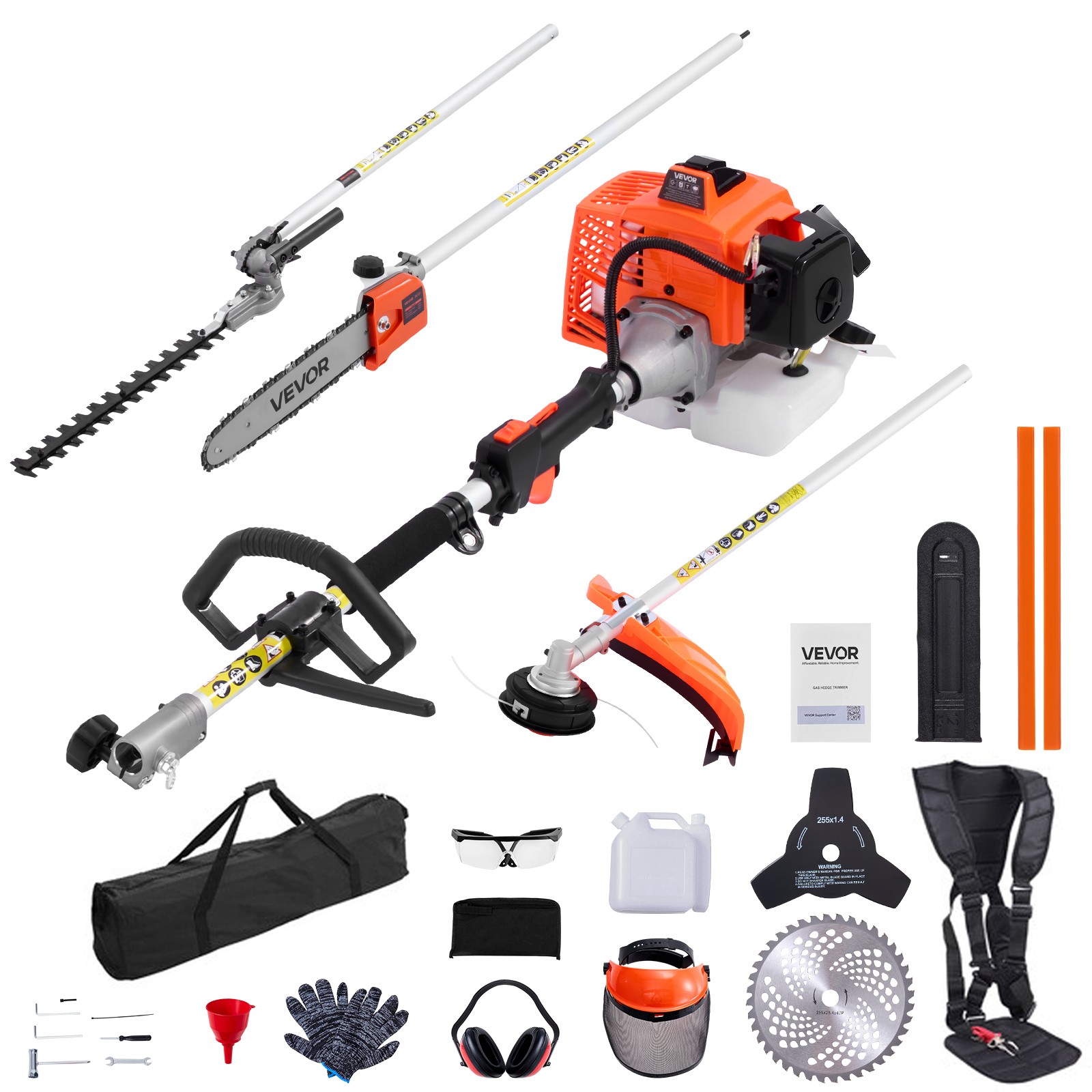 VEVOR 5-in-1 Gas Hedge Trimmer 2 Cycle 63cc Gas Powered Handheld Hedge Trimmer