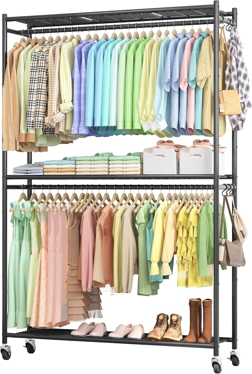Sakugi Clothes Rack, Heavy-Duty Garment Rack with Shelves & Wheels, Freestanding