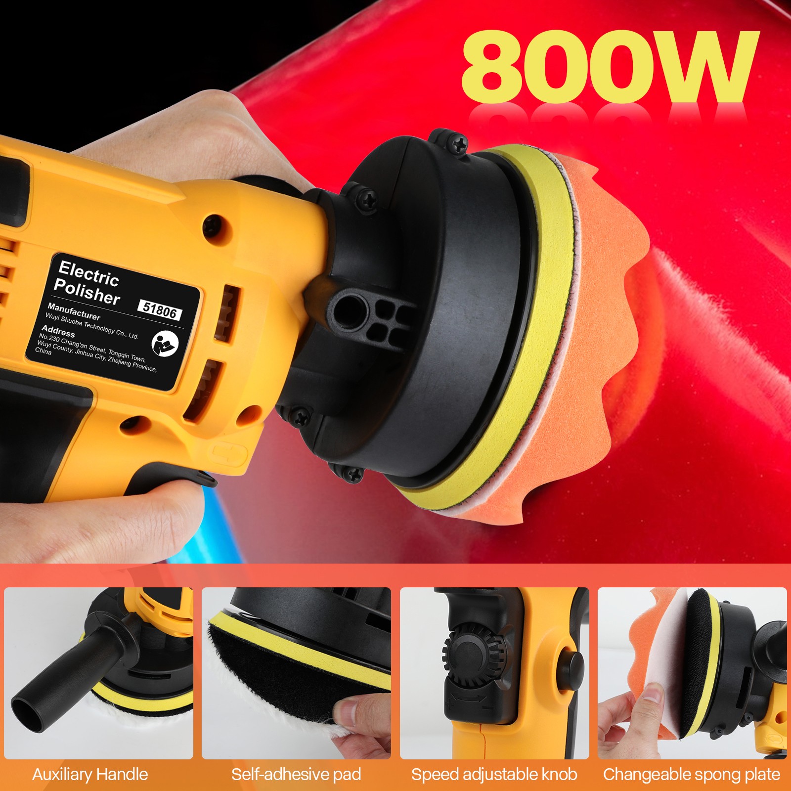 800W Car Polisher Buffer Sander Polishing Machine Kit Waxing with 5″ Pad Bonnet