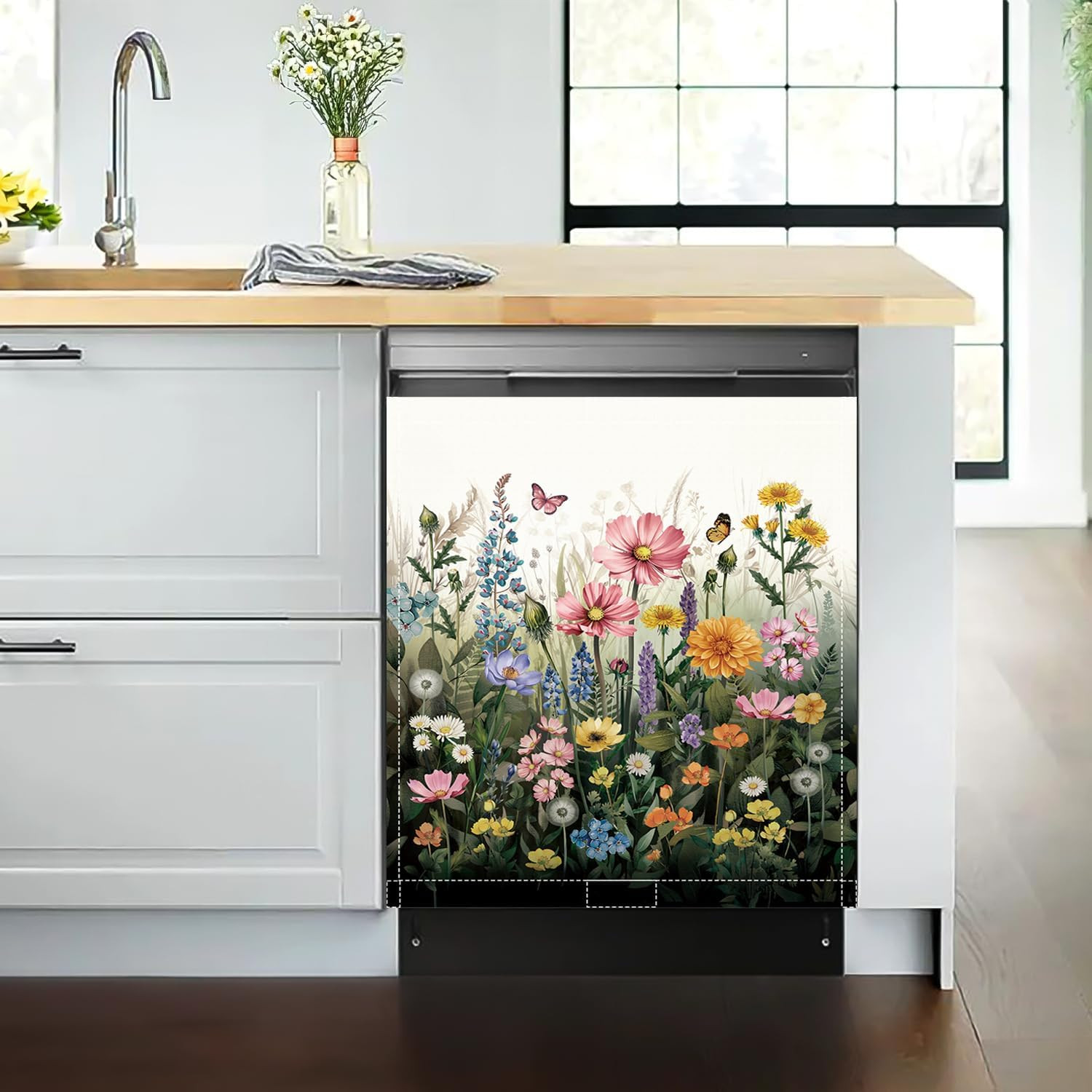 Flowers Dishwasher Magnet Cover, White Floral Dishwasher Cover for Washers Fridg