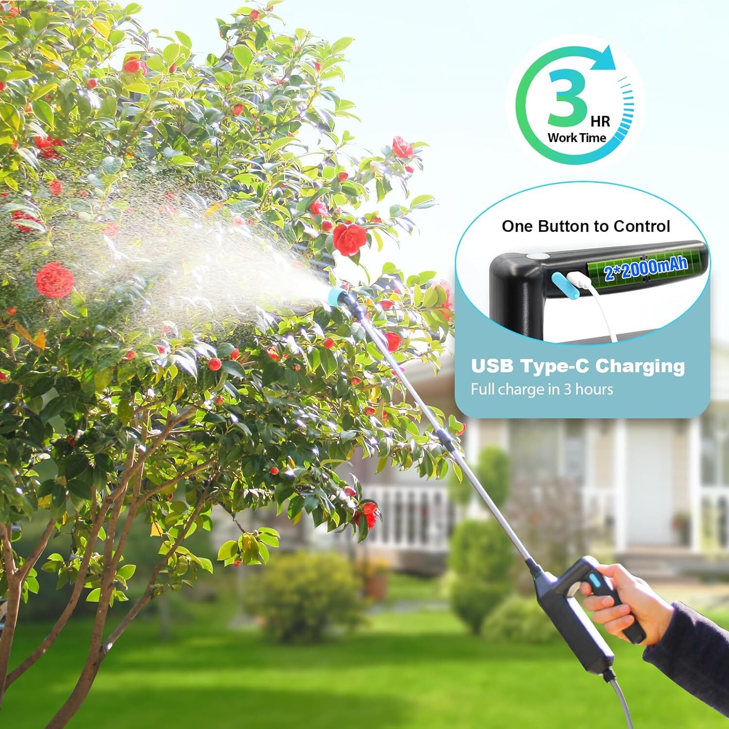 Battery Powered Sprayer 2 Gallon Powerful Electric Sprayer with 3 Mist Nozzles