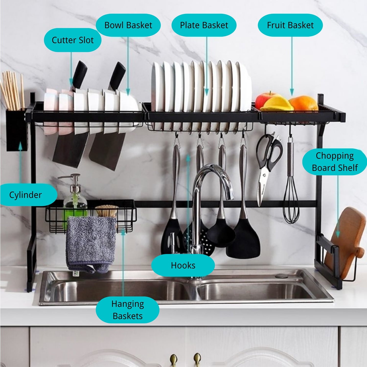 Space Saving 2-Tier Over Sink Dish Drainer, Large Stainless Steel Drying Rack