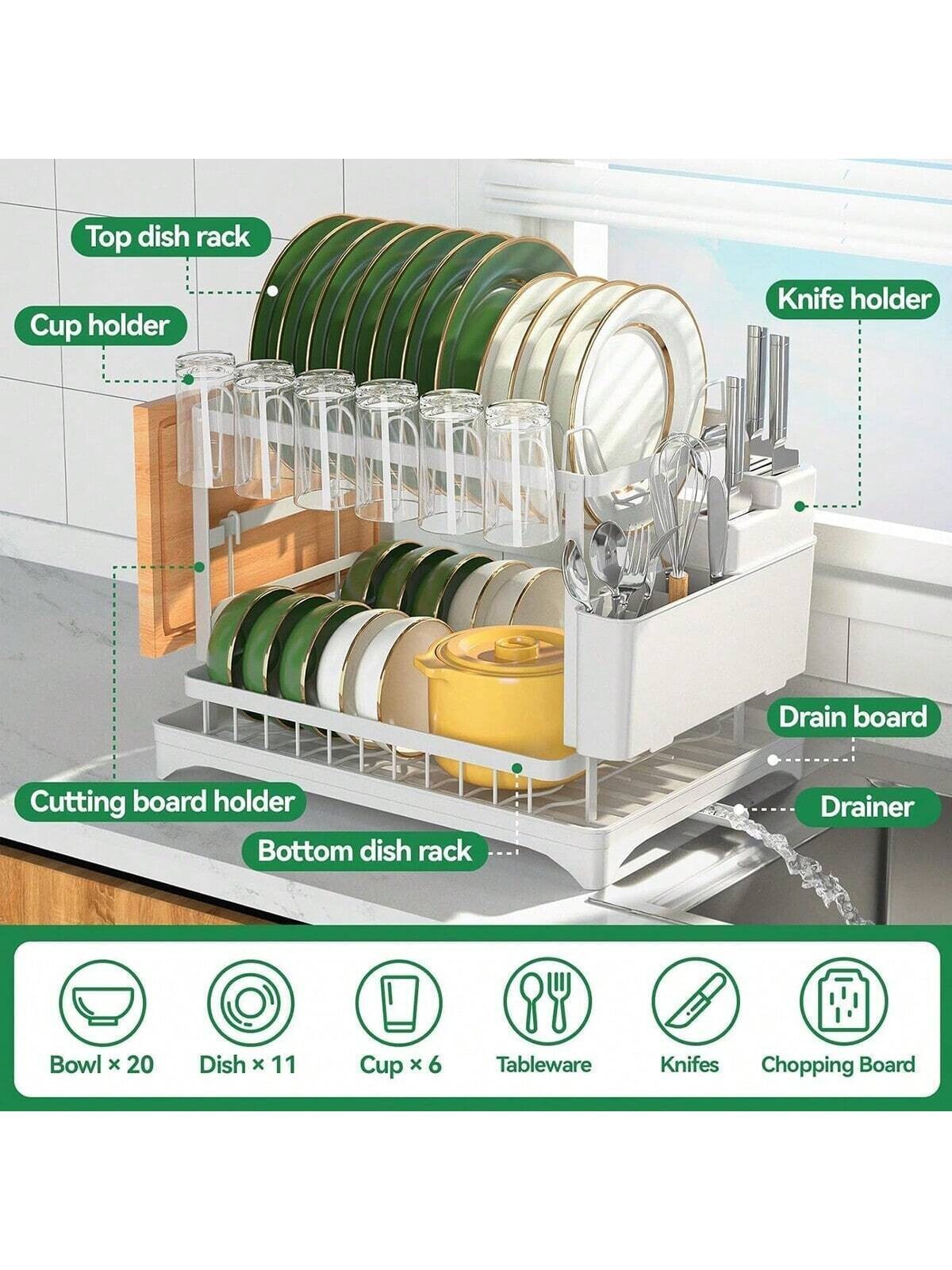 2-Tier Over Sink Dish Drying Rack Stainless Steel Kitchen Shelf Cutlery Drainer