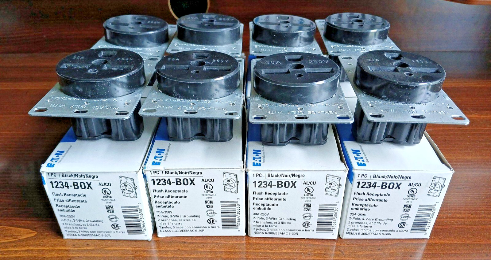 Lot of 8 EATON Flush Mount 2 – Pole Receptacles 30 Amp, 250 Volts – New